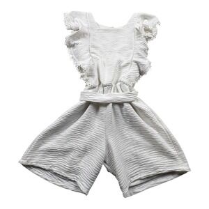 Happyland Girls Textured Romper Size 8 Off White Flutter Sleeve Tie Waist
